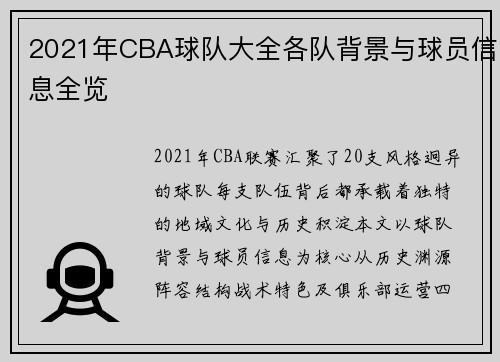 2021年CBA球队大全各队背景与球员信息全览