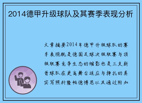 2014德甲升级球队及其赛季表现分析
