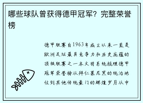 哪些球队曾获得德甲冠军？完整荣誉榜