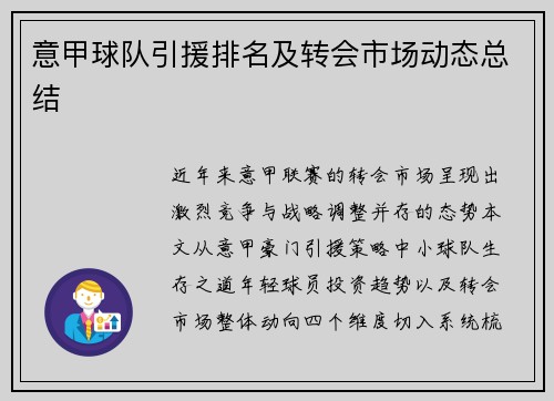 意甲球队引援排名及转会市场动态总结