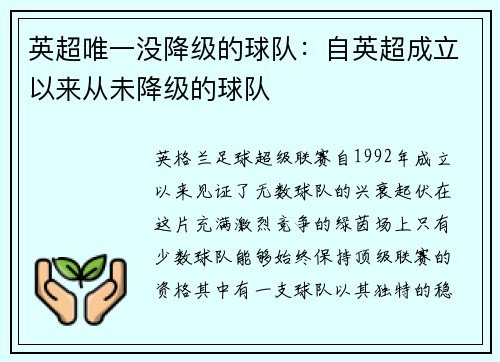 英超唯一没降级的球队：自英超成立以来从未降级的球队